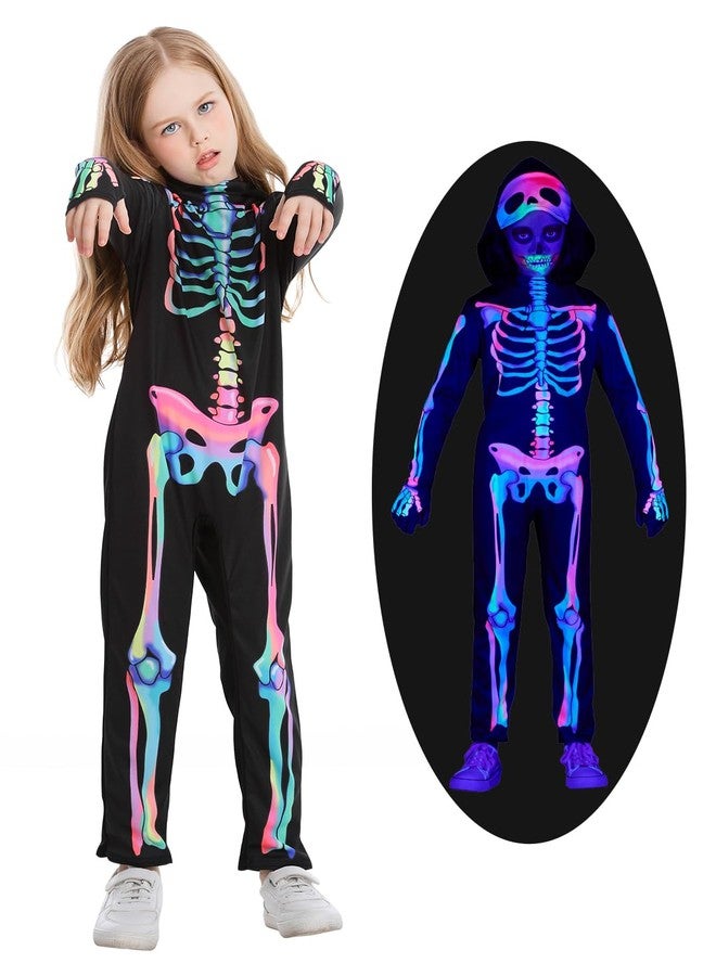 Seasons Rainbow Skeleton Costume with Hood for Kids, Black-Light Responsive, Halloween Cosplay Costume (M(8-10)) - Image 1