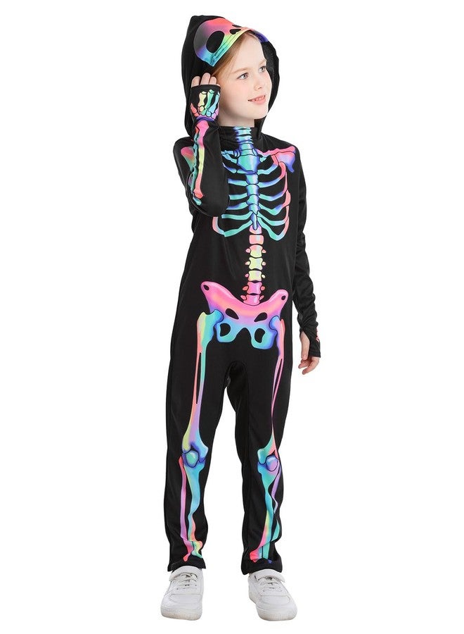 Seasons Rainbow Skeleton Costume with Hood for Kids, Black-Light Responsive, Halloween Cosplay Costume (M(8-10)) - Image 4