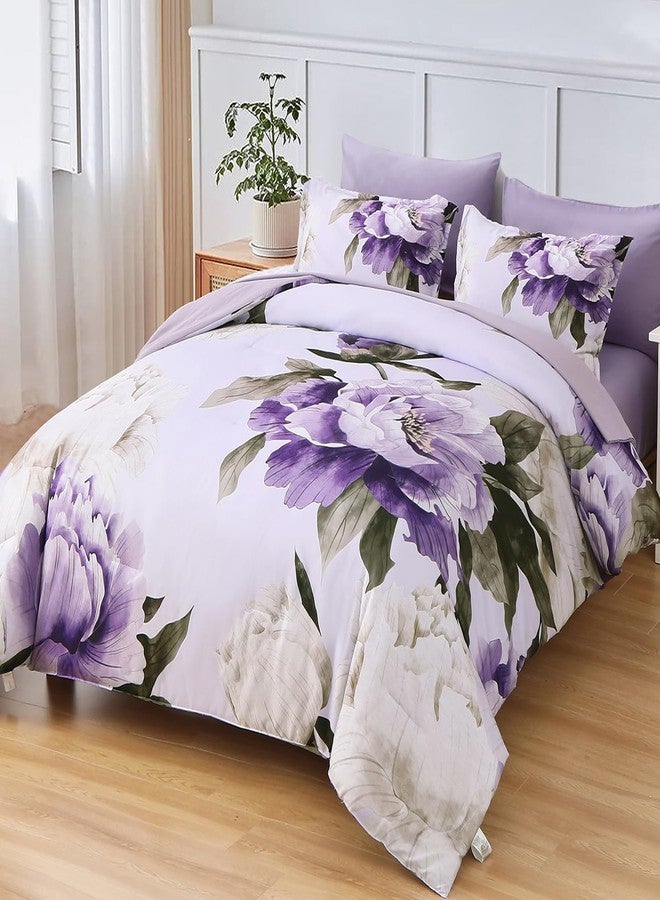 Dobuyly Purple Queen Comforter Set 7 Piece Bed in a Bag Queen, Purple Floral Printed on Light Purple Comforter Set with Sheets, Soft Microfiber Botanical Complete Bedding Set for All Season - Image 2