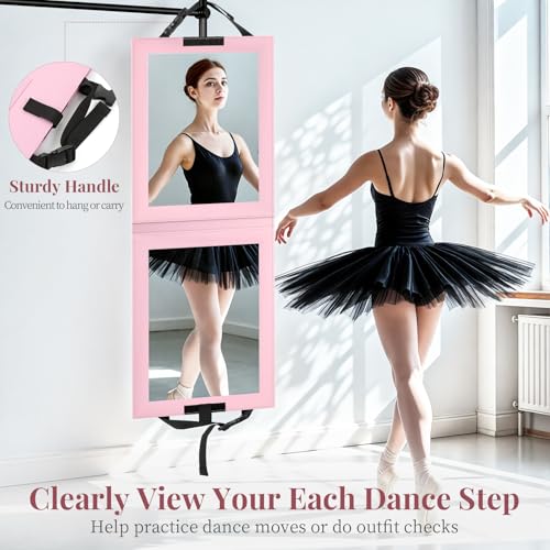 Shinowa Foldable Portable Full Length Mirror for Dancer, Camping and Travel, Shatter-Proof Acrylic Hanging Mirror with Handle, 33x13 Inch Full Body Travel Backstage Mirror, Pink - Image 3