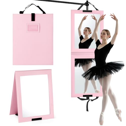 Shinowa Foldable Portable Full Length Mirror for Dancer, Camping and Travel, Shatter-Proof Acrylic Hanging Mirror with Handle, 33x13 Inch Full Body Travel Backstage Mirror, Pink - Image 1
