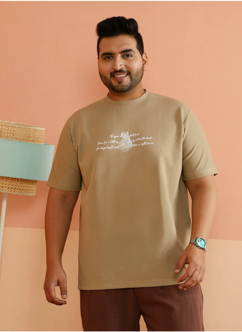 انستافاب بلس Instafab Plus Men's Khaki Beige Boxy Mytho-Modernism T-Shirt For Casual Wear | Crew Neck | Short Regular Sleeves | Pull On Closure | Plus Size T-Shirt Crafted With Comfort Fit For Everyday Wear