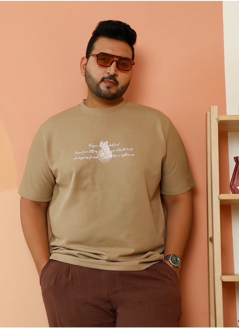 انستافاب بلس Instafab Plus Men's Khaki Beige Boxy Mytho-Modernism T-Shirt For Casual Wear | Crew Neck | Short Regular Sleeves | Pull On Closure | Plus Size T-Shirt Crafted With Comfort Fit For Everyday Wear