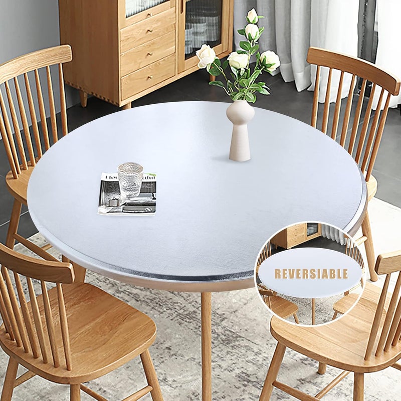 Obstal Fitted Round Table Cloth, Reversible Waterproof Oil Spill Elastic Stretch Tablecloth, Wipe Clean Table Cover for Outdoor/Indoor Use, Fits Round Tables up to 32" - 36" Diameter, Stamping Silver - Image 1