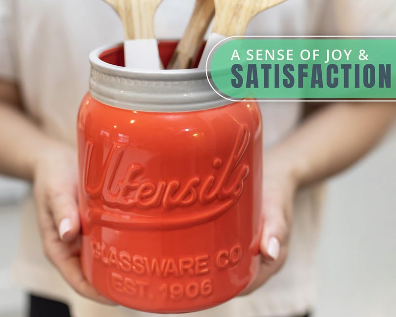 Comfify Wide Mouth Mason Jar Utensil Holder Decorative Kitchenware Organizer Crock  Chip Resistant Ceramic  Dishwasher Safe - Kitchen Caddy  Large Size 7"" High - Coral - Image 5
