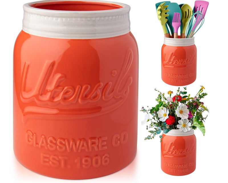 Comfify Wide Mouth Mason Jar Utensil Holder Decorative Kitchenware Organizer Crock  Chip Resistant Ceramic  Dishwasher Safe - Kitchen Caddy  Large Size 7"" High - Coral - Image 1