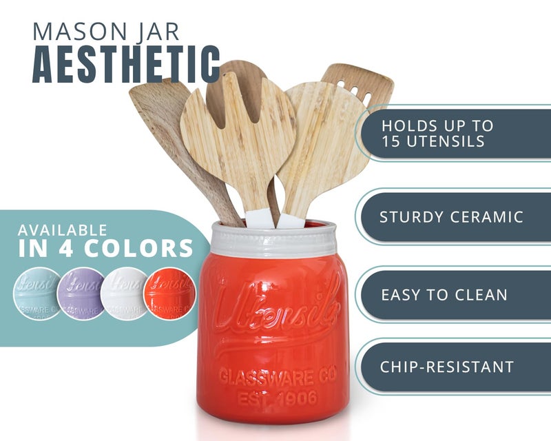 Comfify Wide Mouth Mason Jar Utensil Holder Decorative Kitchenware Organizer Crock  Chip Resistant Ceramic  Dishwasher Safe - Kitchen Caddy  Large Size 7"" High - Coral - Image 2