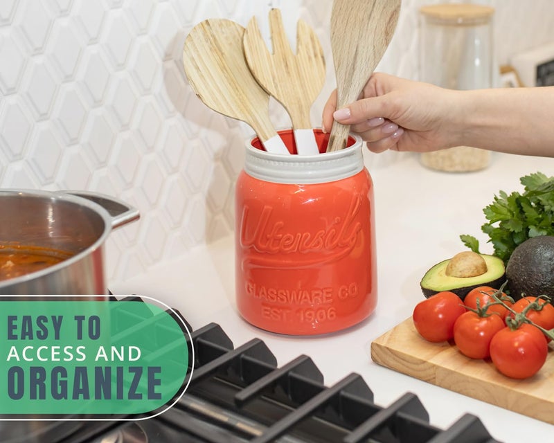 Comfify Wide Mouth Mason Jar Utensil Holder Decorative Kitchenware Organizer Crock  Chip Resistant Ceramic  Dishwasher Safe - Kitchen Caddy  Large Size 7"" High - Coral - Image 4