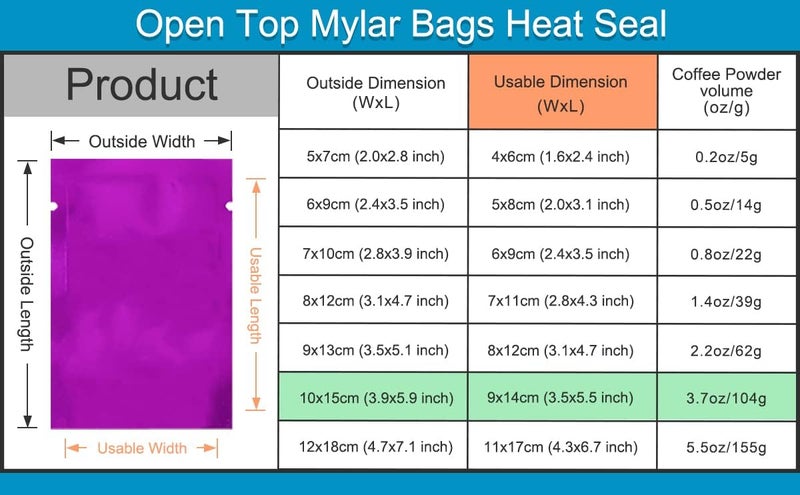 WACCOMT Pack 100 Pieces 10 x 15 cm (3.9 x 5.9 inch) Open Top Mylar Bags Purple Aluminium Foil Mylar Vacuum Heat Seal Food Storage Packing Foil Sample Baggies with Tear Notches - Image 4