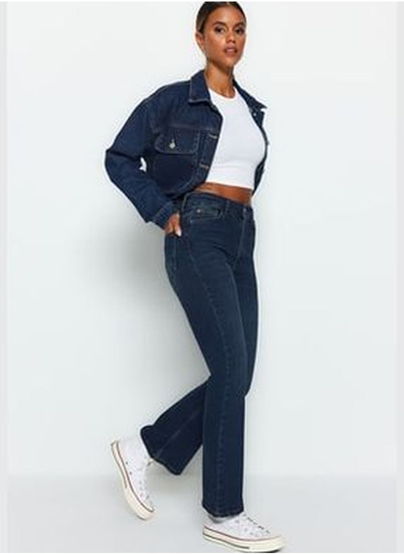 trendyol Dark Blue High Waist Crop Flare Jeans TWOAW24JE00079  - Image 3