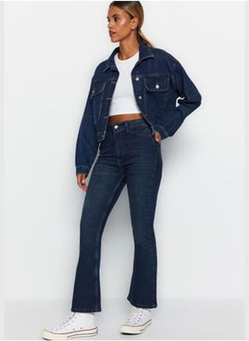 trendyol Dark Blue High Waist Crop Flare Jeans TWOAW24JE00079  - Image 2