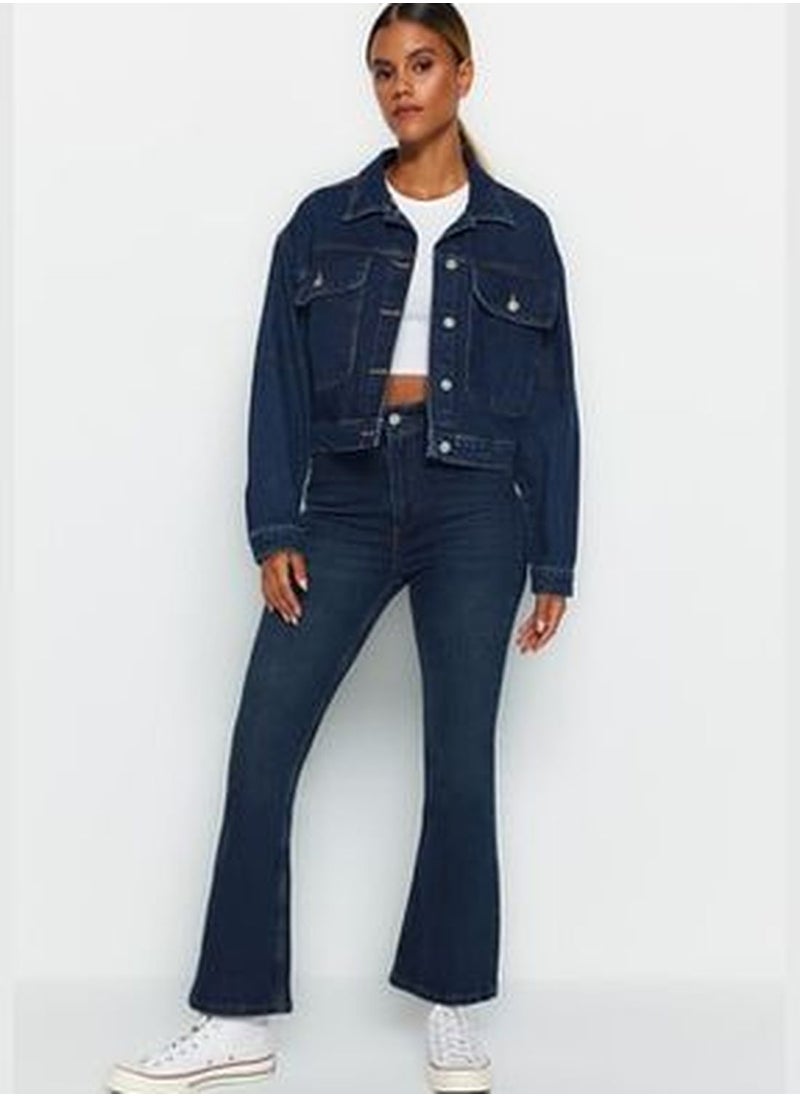 trendyol Dark Blue High Waist Crop Flare Jeans TWOAW24JE00079  - Image 1