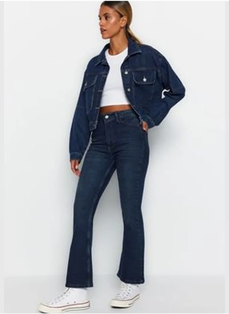 trendyol Dark Blue High Waist Crop Flare Jeans TWOAW24JE00079