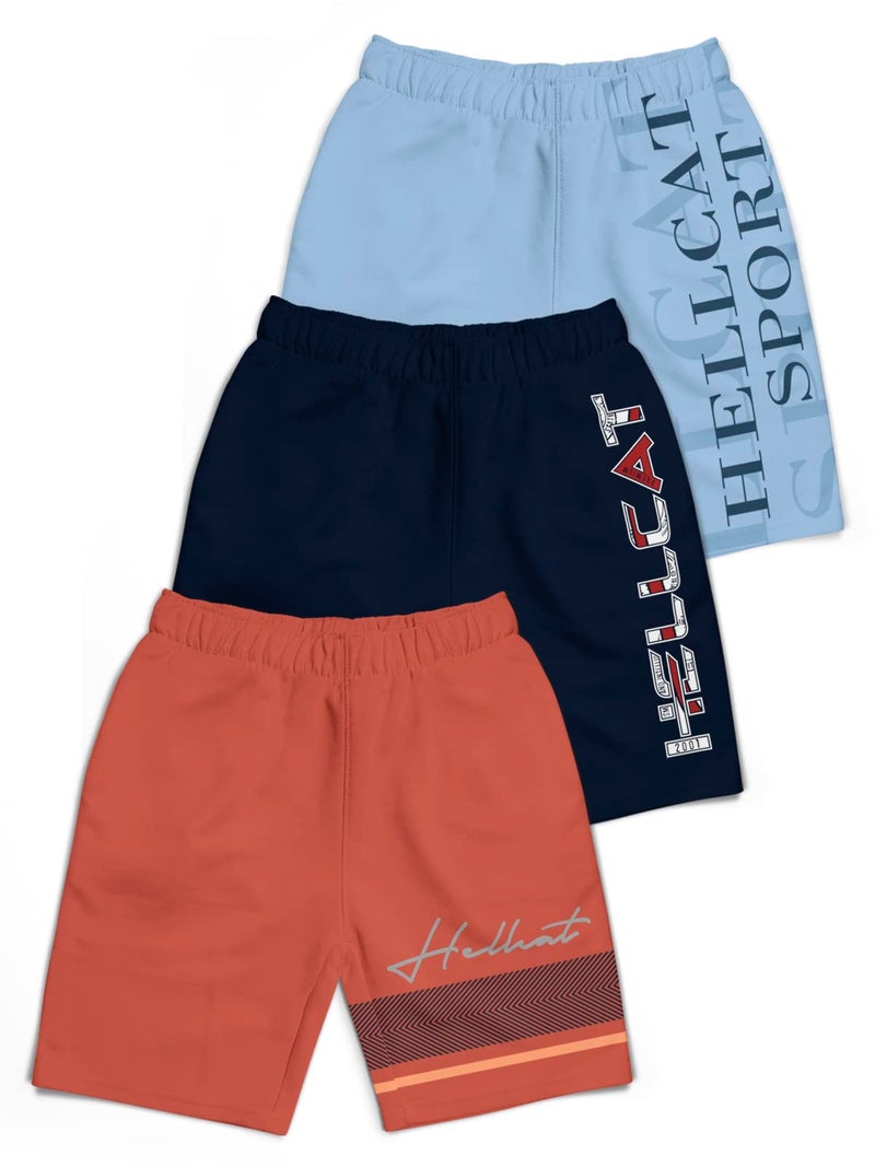 HELLCAT Pack of 3 Trendy Typographic Printed Mid Rise Shorts for Boys - Orange/Navy Blue/Sky Blue / 3-4 Years - Image 1