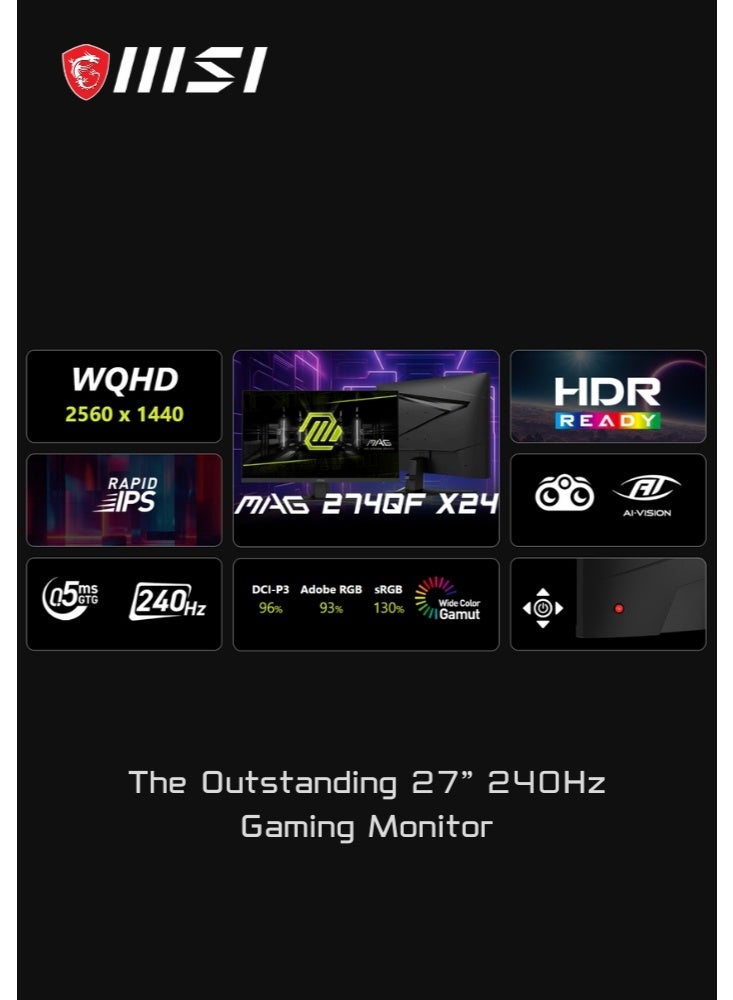 إم اس أي MAG 274QF X24 | 27-inch 2560 x 1440 (QHD) Gaming Monitor | 240Hz | Adaptive-Synch, HDMI, DisplayPort | VESA Mountable, Tilt, Height Adjustable | Speaker, 0.03ms | Black | 9S6-3CE41H-051 - Image 2