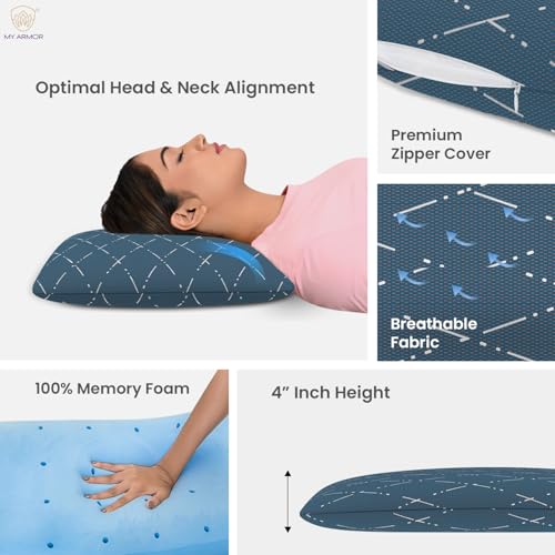 MY ARMOR Cool Gel Memory Foam Pillow for Neck Pain & Shoulder Pain, Orthopedic Pillow for Sleeping, Thin Size - 4 Inch, Washable Blue Checks Cover - Pack of 1 - Image 3