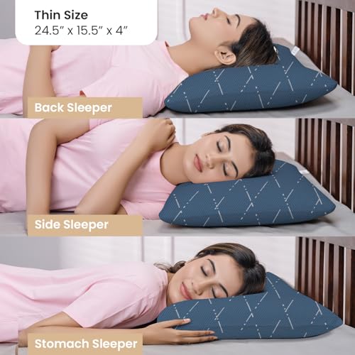 MY ARMOR Cool Gel Memory Foam Pillow for Neck Pain & Shoulder Pain, Orthopedic Pillow for Sleeping, Thin Size - 4 Inch, Washable Blue Checks Cover - Pack of 1 - Image 2