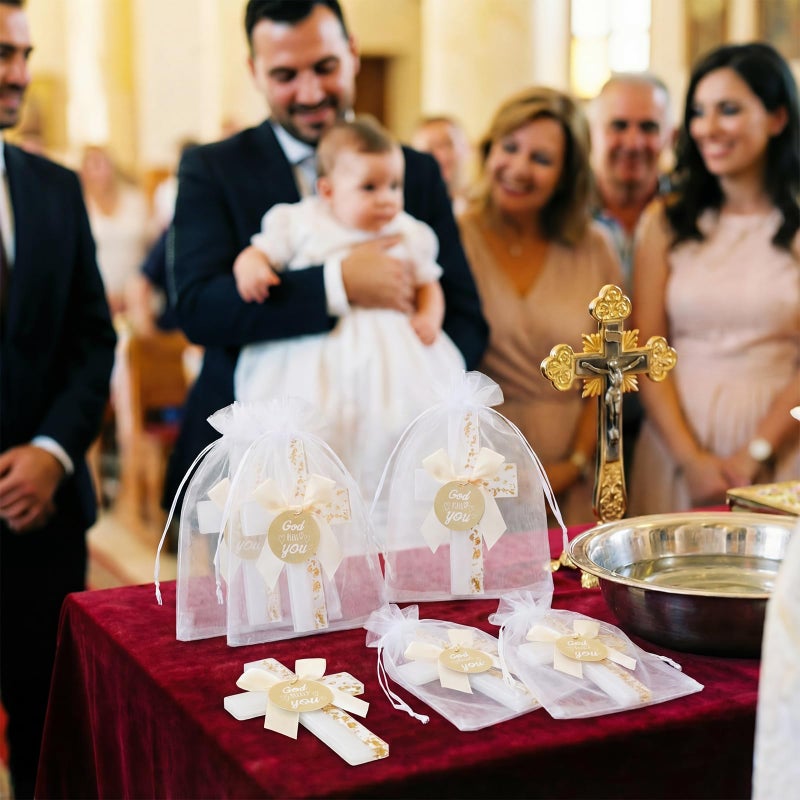 Ripeng 24 Sets Baptism Favors for Guests Bulk Epoxy Cross Fridge Magnets Gold Foil Cross with Bow God Bless You Tag Organza Bags First Communion Souvenirs for Baby Shower Birthday Wedding Church - Image 5