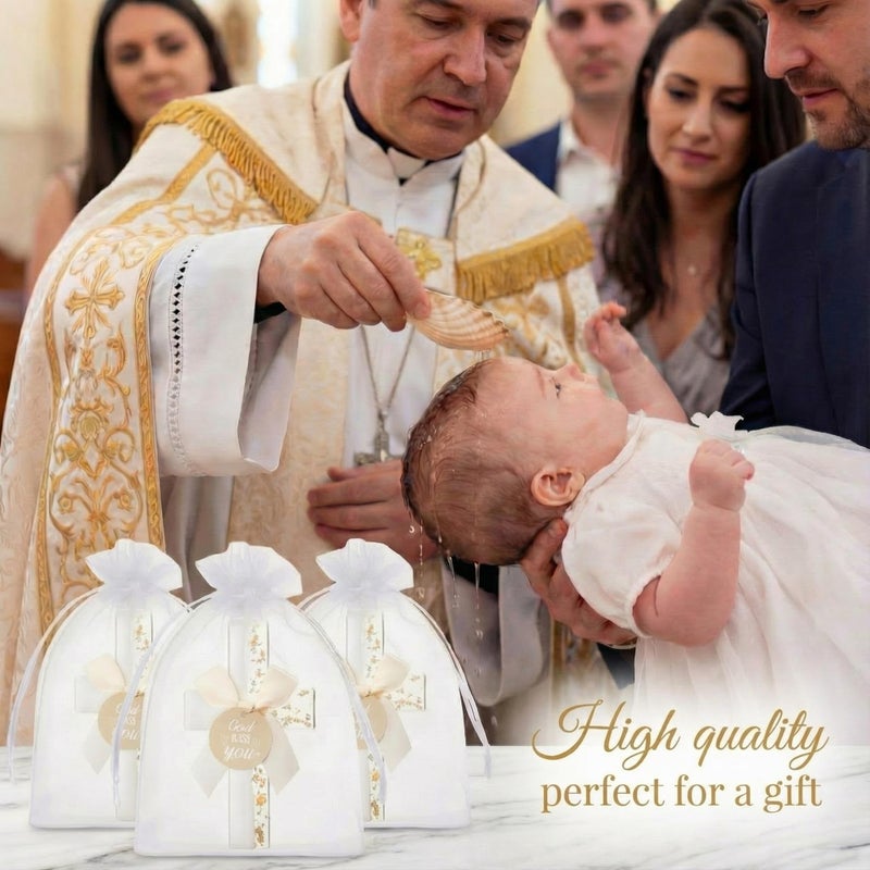 Ripeng 24 Sets Baptism Favors for Guests Bulk Epoxy Cross Fridge Magnets Gold Foil Cross with Bow God Bless You Tag Organza Bags First Communion Souvenirs for Baby Shower Birthday Wedding Church - Image 4