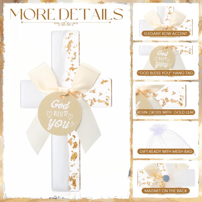 Ripeng 24 Sets Baptism Favors for Guests Bulk Epoxy Cross Fridge Magnets Gold Foil Cross with Bow God Bless You Tag Organza Bags First Communion Souvenirs for Baby Shower Birthday Wedding Church - Image 3