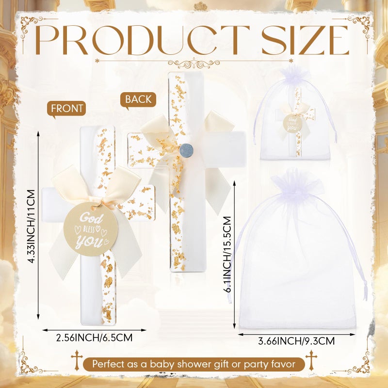 Ripeng 24 Sets Baptism Favors for Guests Bulk Epoxy Cross Fridge Magnets Gold Foil Cross with Bow God Bless You Tag Organza Bags First Communion Souvenirs for Baby Shower Birthday Wedding Church - Image 2