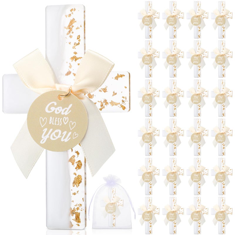 Ripeng 24 Sets Baptism Favors for Guests Bulk Epoxy Cross Fridge Magnets Gold Foil Cross with Bow God Bless You Tag Organza Bags First Communion Souvenirs for Baby Shower Birthday Wedding Church - Image 1