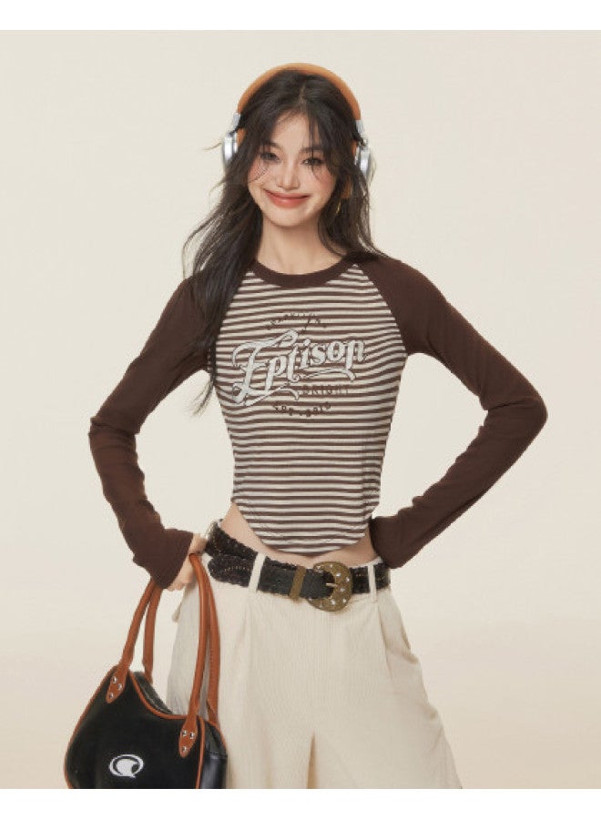 EPTISON Long Sleeve T-Shirt For Women, Autumn Retro Striped Patchwork Raglan Sleeve Embroidered Letter Contrast Crop Top - Image 1