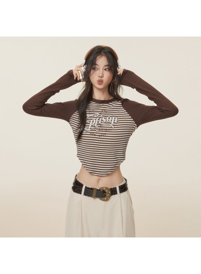 EPTISON Long Sleeve T-Shirt For Women, Autumn Retro Striped Patchwork Raglan Sleeve Embroidered Letter Contrast Crop Top - Image 3
