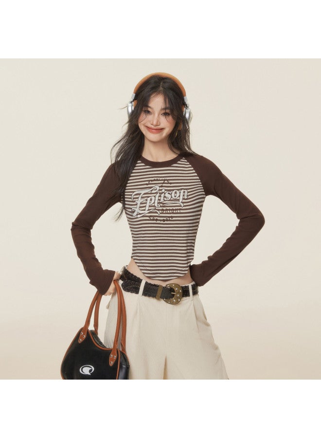 EPTISON Long Sleeve T-Shirt For Women, Autumn Retro Striped Patchwork Raglan Sleeve Embroidered Letter Contrast Crop Top - Image 2