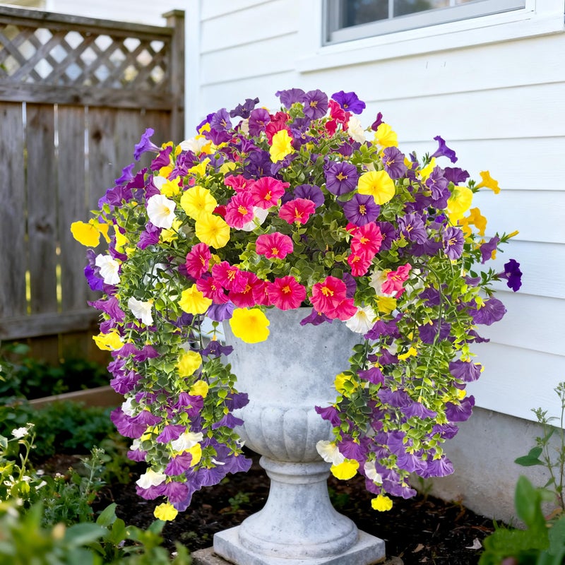 TSTWETO Artificial Flowers for Outdoor, 4 Pcs Faux Silk Morning Glory Silk Flowers UV Resistant Fake Hainging Flowers 5 Colors Eucalyptus Leaves Look Real for Outside Porch Planter Home Decor - Image 3