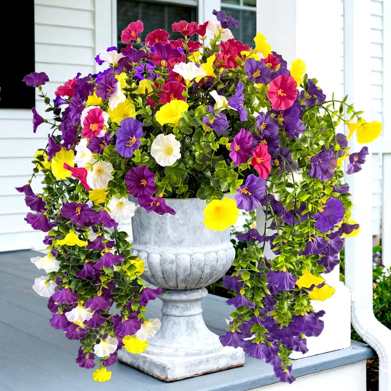 TSTWETO Artificial Flowers for Outdoor, 4 Pcs Faux Silk Morning Glory Silk Flowers UV Resistant Fake Hainging Flowers 5 Colors Eucalyptus Leaves Look Real for Outside Porch Planter Home Decor - Image 1