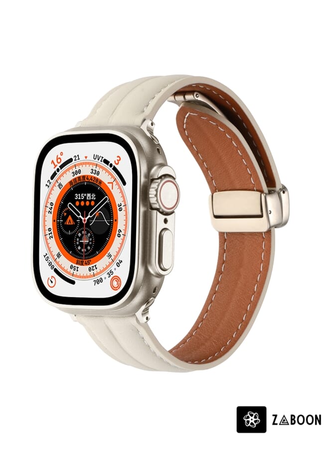 Zaboon Folding Buckle Grooved Genuine Leather  Watch Band For Apple Watch Ultra 49mm / Series 8&7 45mm / SE 2&6&SE&5&4 44mm / 3&2&1 42mm - Image 1