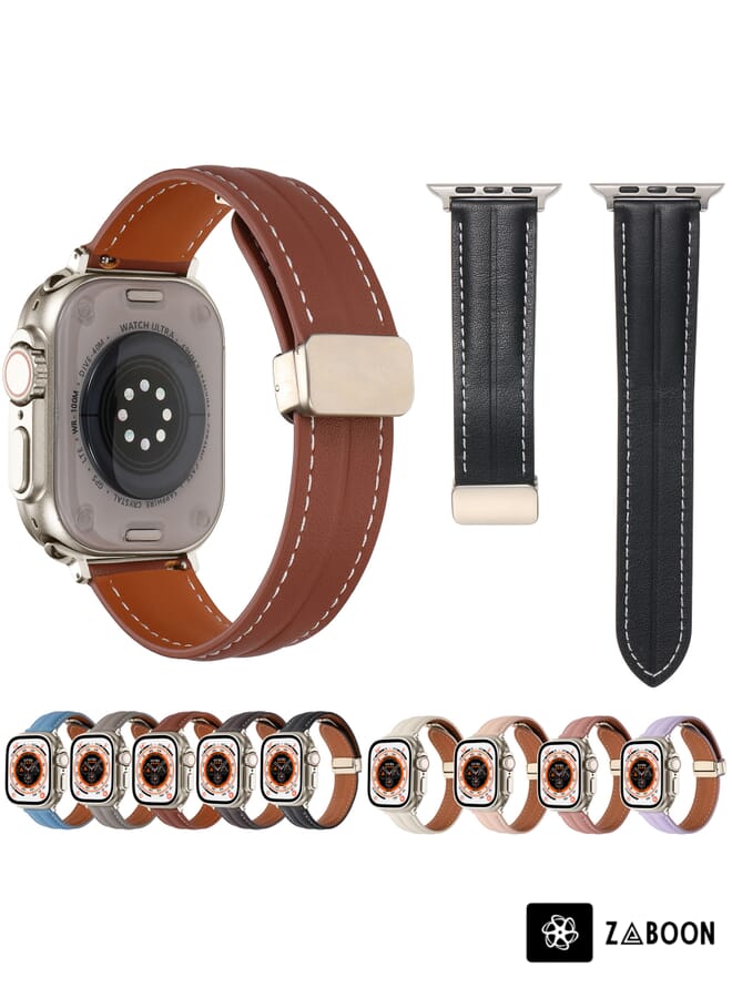 Zaboon Folding Buckle Grooved Genuine Leather  Watch Band For Apple Watch Ultra 49mm / Series 8&7 45mm / SE 2&6&SE&5&4 44mm / 3&2&1 42mm - Image 4
