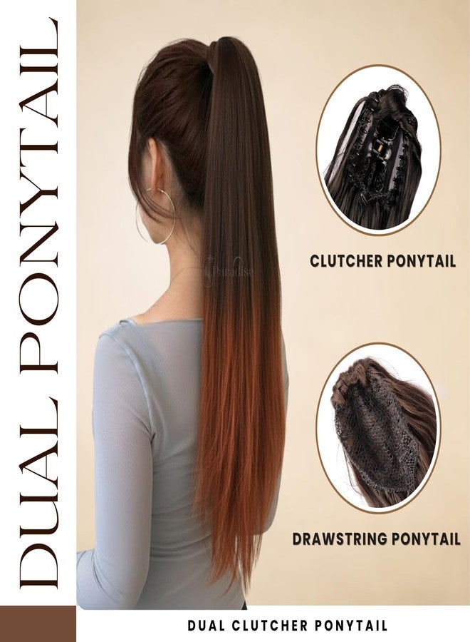 Paradise® Ponytail Hair Extensions for Women & Girls 28”, Double Shade Black Ombre Straight Long Length Half Wig, Claw Clip Clutcher Synthetic Bun Hair Extensions - Image 2