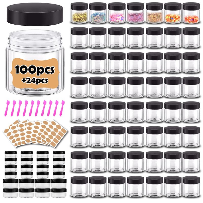 AMORIX 2 oz Plastic Containers with Lids 100pcs Plastic Jars with Lids + 3/5/10 Gram 24pcs Sample Containers Travel Jar– Great for Lip Scrub, Body Butters, Cream, Lotion, Labels & Spatulas (124 Pack)