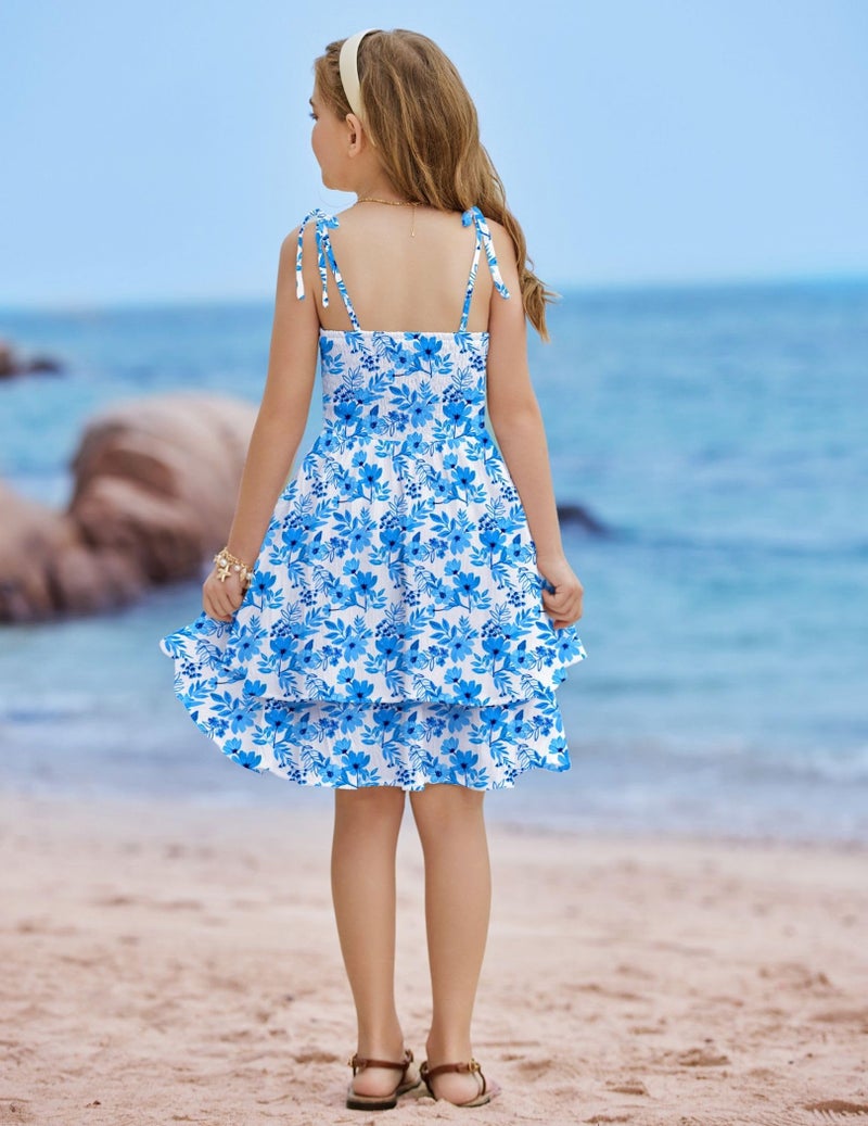 Arshiner Girls Blue Floral Dresses Formal Summer Beach Boho Hawaiian Tropical Casual Spaghetti Strap Midi Tween Girl Sundress Size 10-12 - Image 3