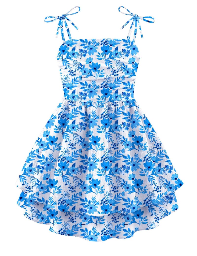 Arshiner Girls Blue Floral Dresses Formal Summer Beach Boho Hawaiian Tropical Casual Spaghetti Strap Midi Tween Girl Sundress Size 10-12 - Image 1