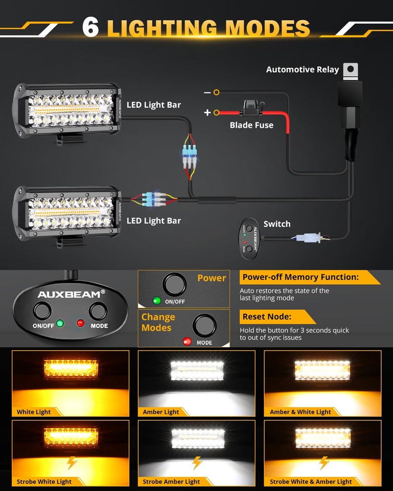 Auxbeam شريط إضاءة LED بحجم 7 بوصة 300 واط من أوكسبيم، 6 أوضاع ضوء فلاش برتقالي، ضوء ضباب أصفر، ضوء مزدوج اللون للقيادة على الطرق الوعرة، وظيفة الذاكرة لإضاءة العمل للسيارات والشاحنات والدراجات الرباعية - Image 2