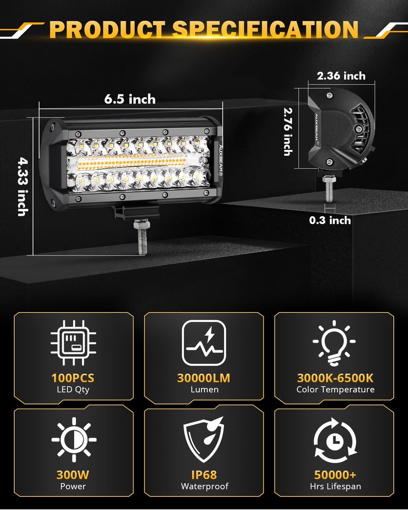 Auxbeam شريط إضاءة LED بحجم 7 بوصة 300 واط من أوكسبيم، 6 أوضاع ضوء فلاش برتقالي، ضوء ضباب أصفر، ضوء مزدوج اللون للقيادة على الطرق الوعرة، وظيفة الذاكرة لإضاءة العمل للسيارات والشاحنات والدراجات الرباعية - Image 4