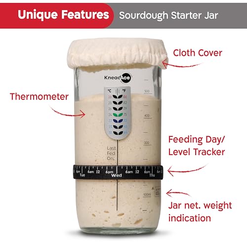 KneadAce Sourdough Starter Jar With Date Marked Feeding Band, Thermometer, Sourdough Jar Scraper, Sourdough Container Sewn Cloth Cover & Metal Lid, Sourdough Starter Kit - Image 3
