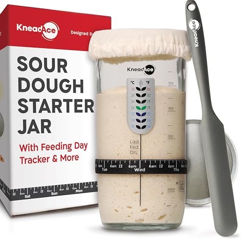 KneadAce Sourdough Starter Jar With Date Marked Feeding Band, Thermometer, Sourdough Jar Scraper, Sourdough Container Sewn Cloth Cover & Metal Lid, Sourdough Starter Kit - Image 1