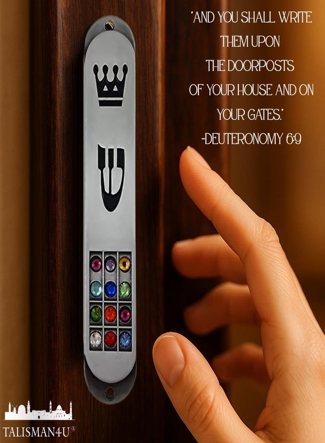 تاليسمان فور يو مزوزة من البيوتر من تاليسمان فور يو مع لفافة للباب، تصميم قبائل إسرائيل الاثنتي عشرة، تاج التوراة اليهودية، أدوات يهودية لحماية الباب، حافظة مزوزة 3.5 بوصة - Image 3