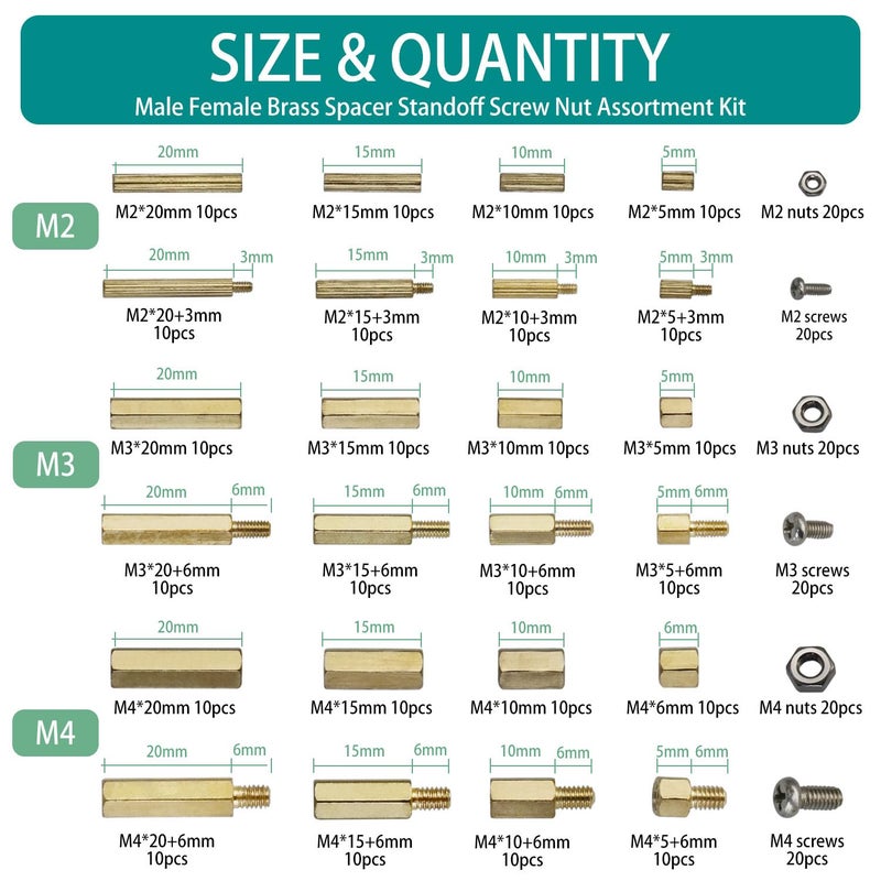 Raogoodcx 320Pcs M2.5 Male Female Brass Spacer Standoff Screw 6mm 10mm 15mm 20mm Nut Assortment Kit - Image 2