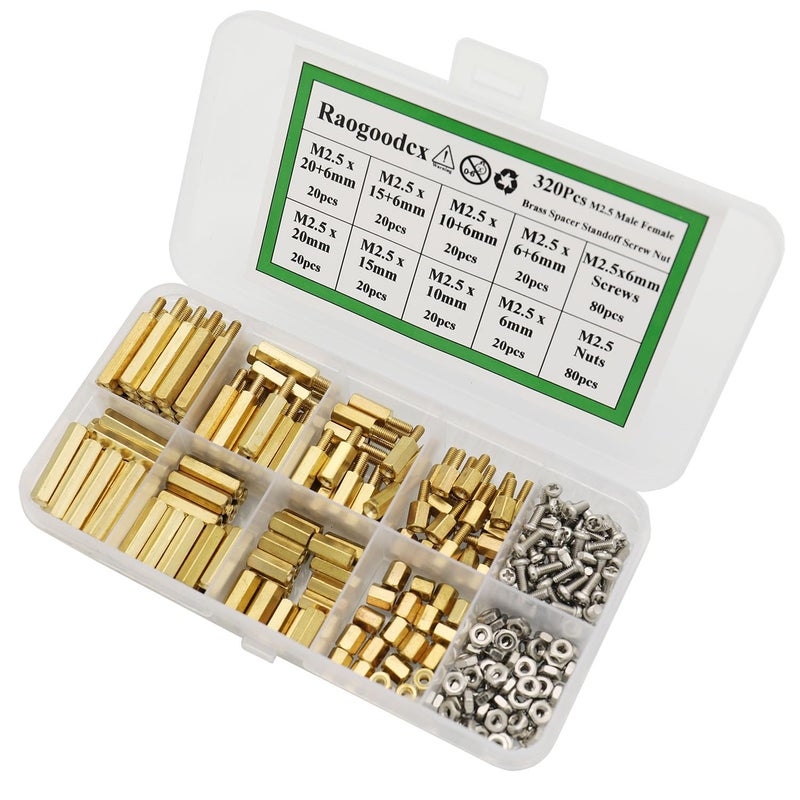 Raogoodcx 320Pcs M2.5 Male Female Brass Spacer Standoff Screw 6mm 10mm 15mm 20mm Nut Assortment Kit - Image 5