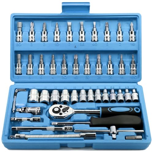 Egofine 46 Pieces 14 inch Drive Socket Ratchet Wrench Set with Bit Socket Set Metric and Extension Bar for Auto Repairing and Household with Blue Storage Case - Image 1