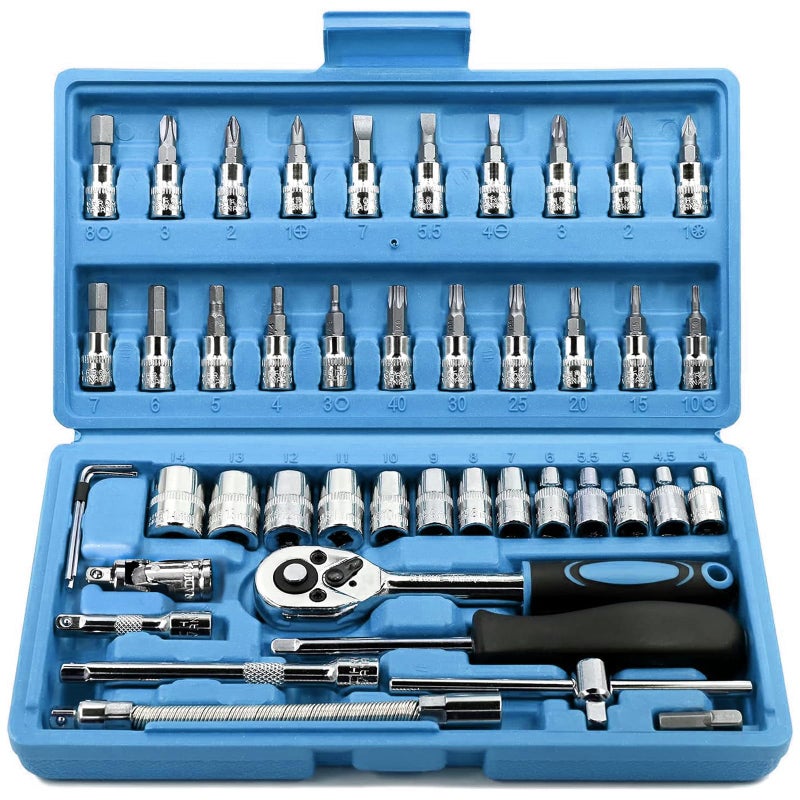 Egofine 46 Pieces 14 inch Drive Socket Ratchet Wrench Set with Bit Socket Set Metric and Extension Bar for Auto Repairing and Household with Blue Storage Case - Image 2