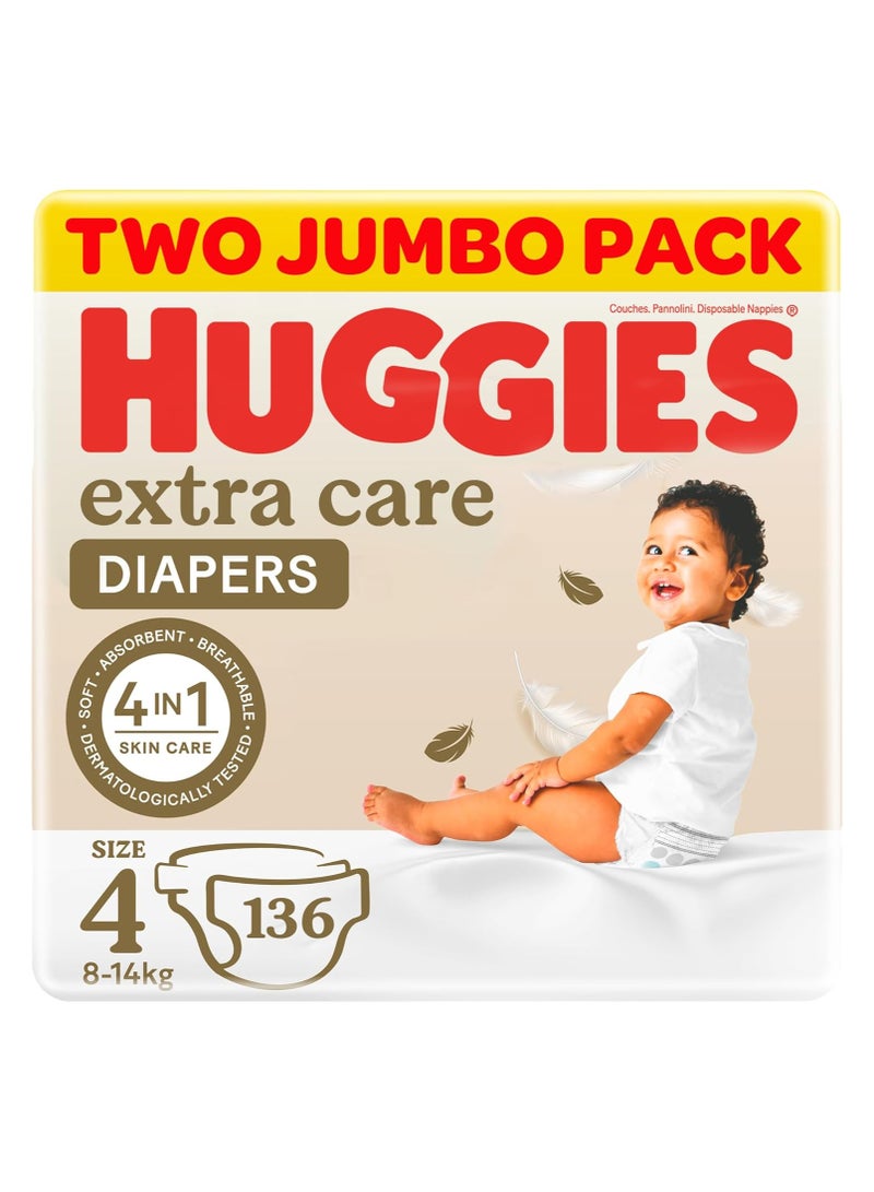 Huggies Extra Care, Size 4, 8 -14 kg, Twin Jumbo Pack, 136 Diapers