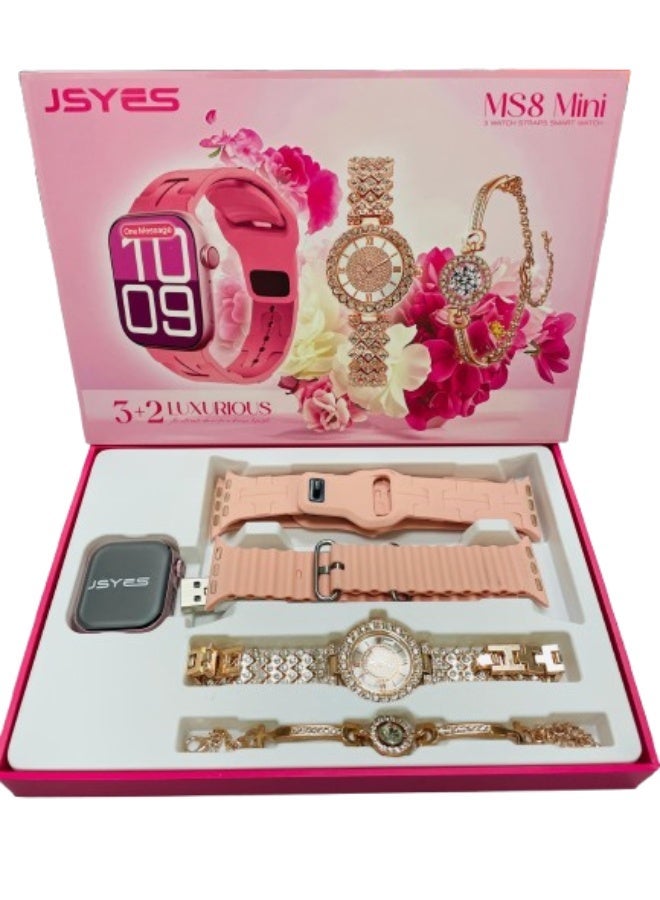 JSYES ساعة هدية مجموعة MS8 ميني 3+2 شاشة ملونة تعمل باللمس بالكامل بلوتوث مكالمات صحة ورياضة ذكية وردي - Image 2