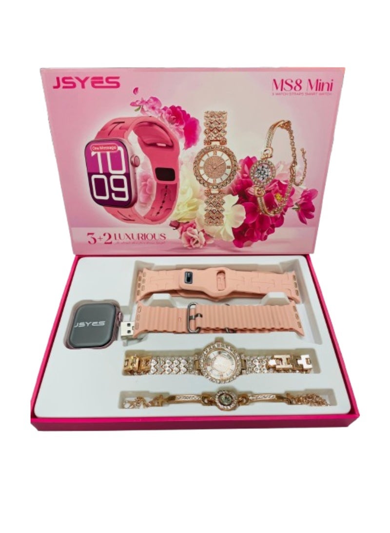 JSYES ساعة هدية مجموعة MS8 ميني 3+2 شاشة ملونة تعمل باللمس بالكامل بلوتوث مكالمات صحة ورياضة ذكية وردي - Image 1