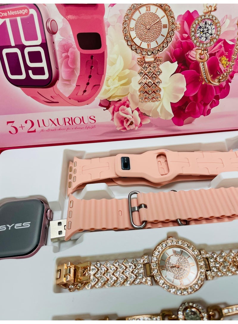 JSYES ساعة هدية مجموعة MS8 ميني 3+2 شاشة ملونة تعمل باللمس بالكامل بلوتوث مكالمات صحة ورياضة ذكية وردي - Image 3